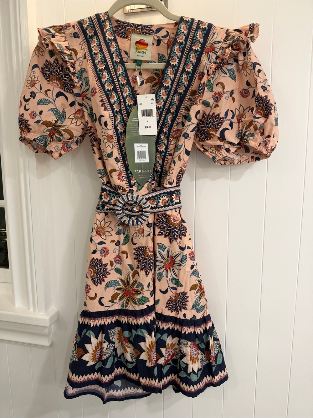 FARM Rio Blush Floral Puff-Sleeve Mini Dress NWT